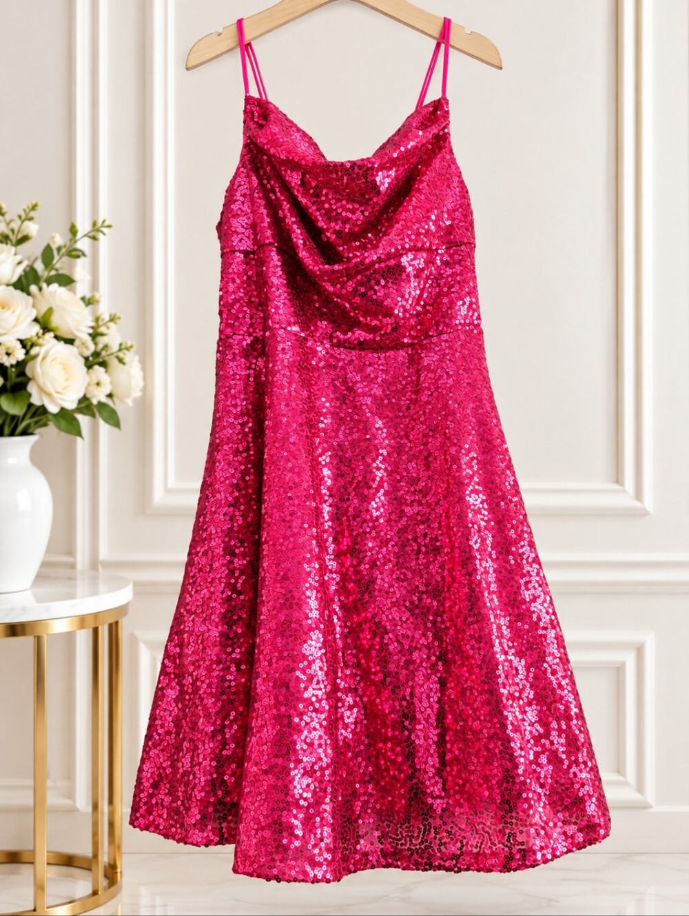 Sparkling Hot Pink Sequin Mini Dress with Draped Neckline